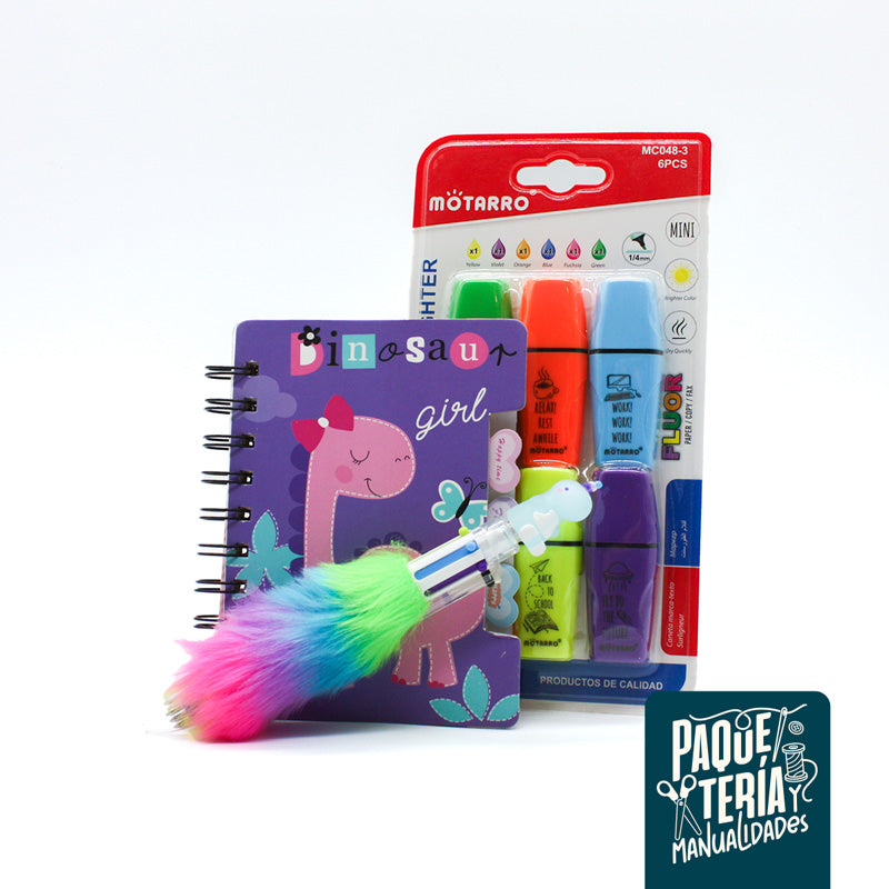 PACK AGENDA DINOSAURIO - MINI DESTACADORES - BOLÍGRAFIO UNICORNIO