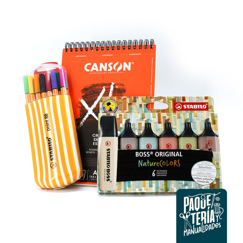 PACK BOCETOS - CROQUERA CANSON A5- STABILO POINT 88 - DESTACADORES STABILO BOSS NATURE
