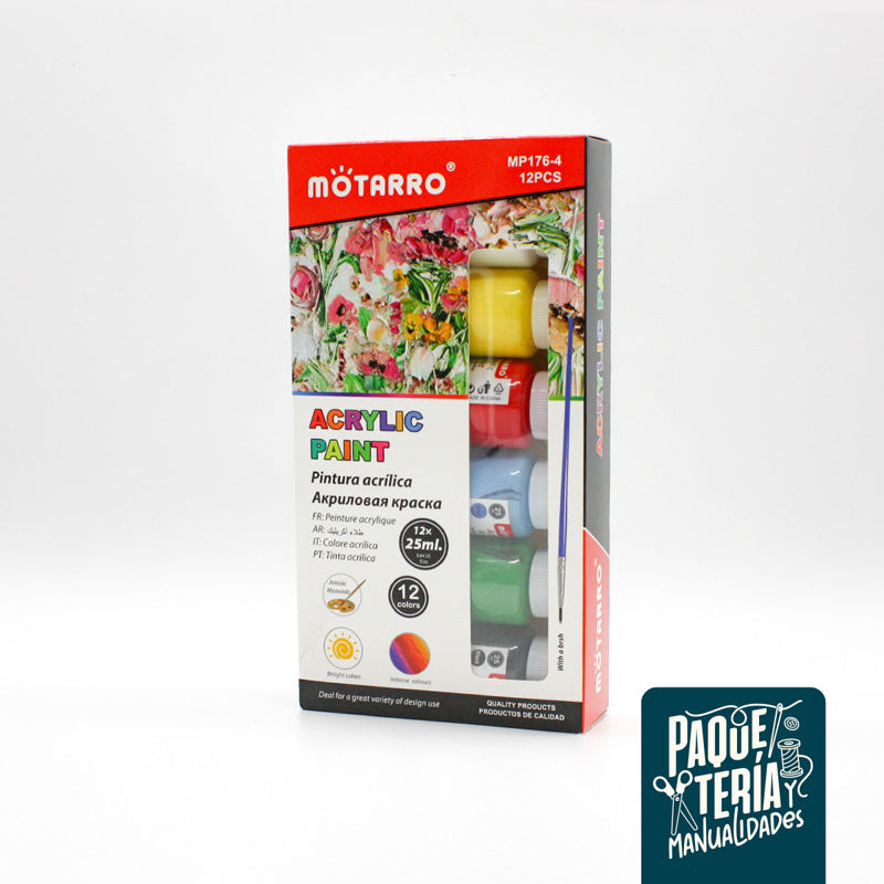 PINTURA ACRÍLICA 25 ML MOTARRO - 12 Y 6 COLORES + PINCEL