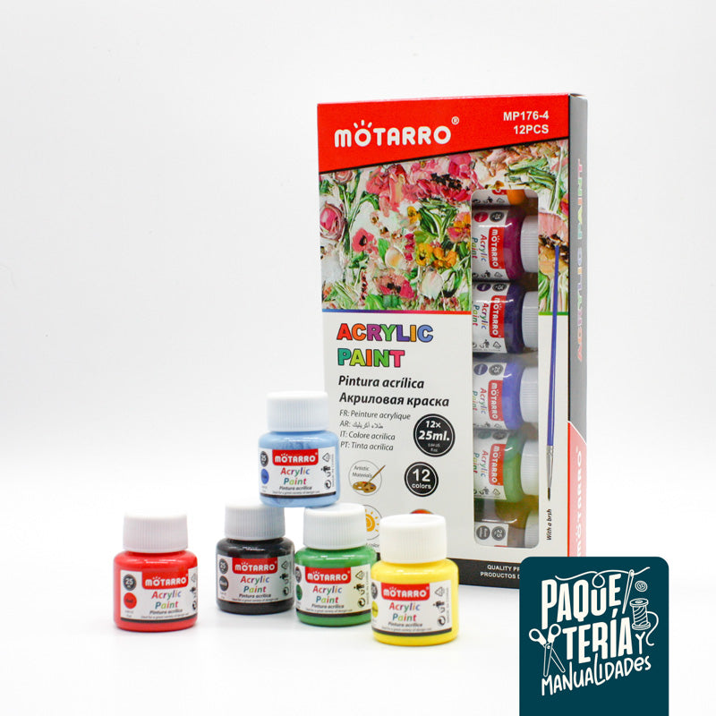 PINTURA ACRÍLICA 25 ML MOTARRO - 12 Y 6 COLORES + PINCEL