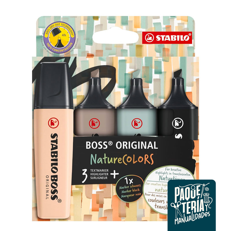 DESTACADORES STABILO BOSS NATURE COLORS - 3 TONOS NATURALEZA + TACHADOR NEGRO