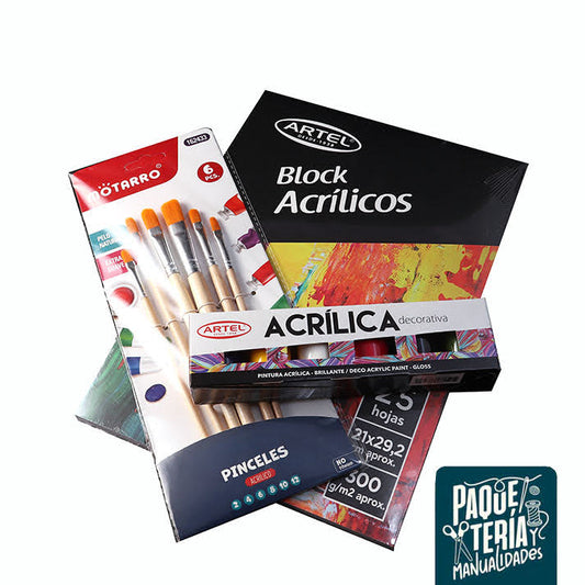 PACK BLOCK + PINTURA ACRÍLICA ARTEL + 6 PÍNCELES