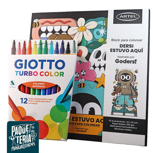 PACK BLOCK PARA COLOREAR + 12 MARCADORES GIOTTO