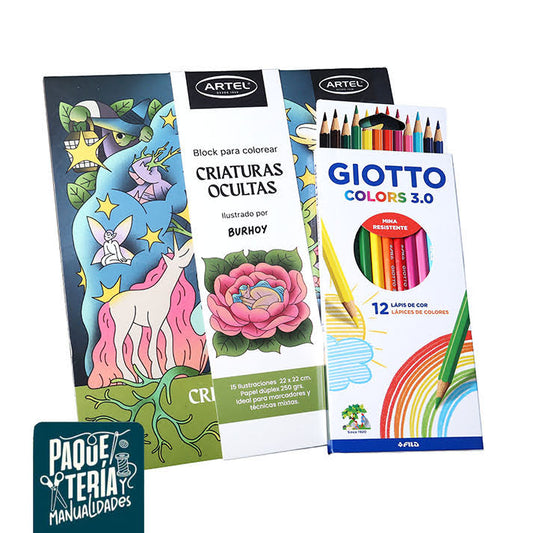 PACK BLOCK PARA COLOREAR ARTEL + 12 LÁPICES COLORES GIOTTO
