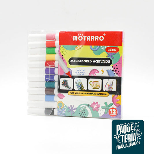 SET MARCADORES ACRÍLICO MOTARRO - 12 ROTULADORES TODA SUPERFICIE ALTA COBERTURA