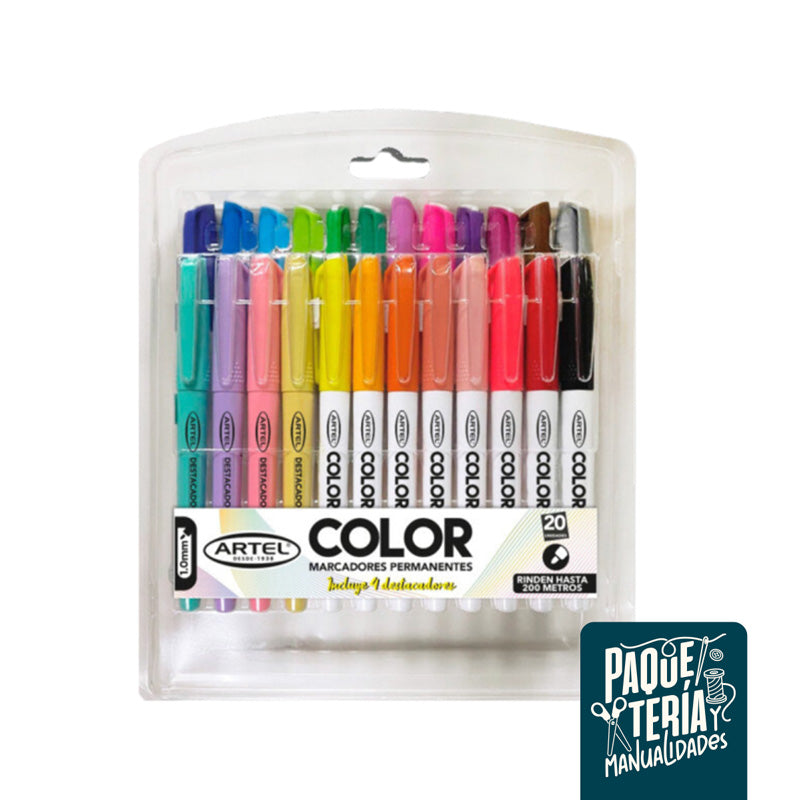 SET 24 MARCADORES PERMANENTES ARTEL - 20 COLORES BÁSICOS + 4 COLORES PASTEL ARTEL