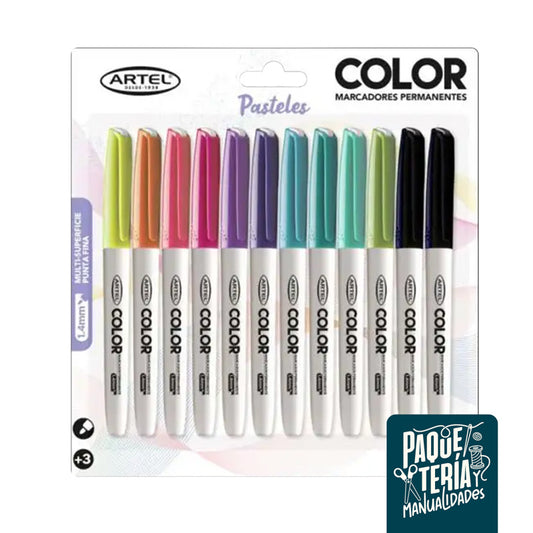 SET 12 MARCADORES PERMANENTES ARTEL - 10 COLORES PASTELES + 2 NEGROS