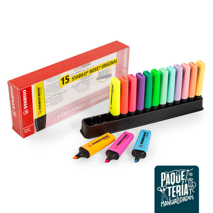 SET DESTACADORES STABILO BOSS ORIGINAL NEÓN PASTEL - 15 UNIDADES + BASE ESCRITORIO