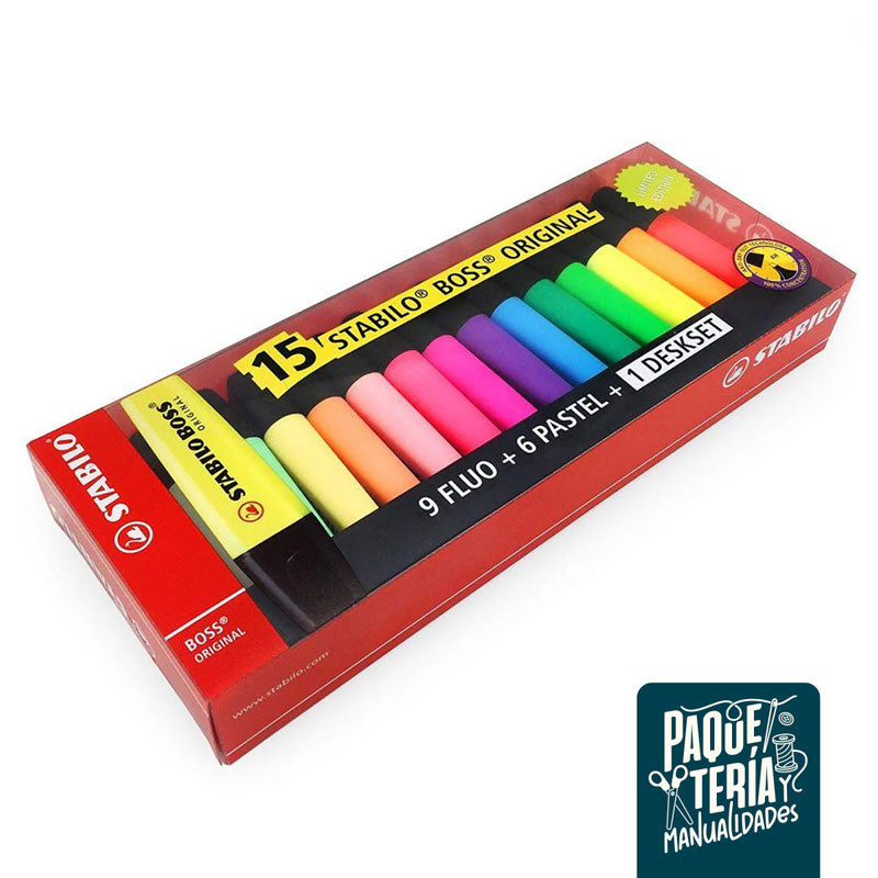 SET DESTACADORES STABILO BOSS ORIGINAL NEÓN PASTEL - 15 UNIDADES + BASE ESCRITORIO