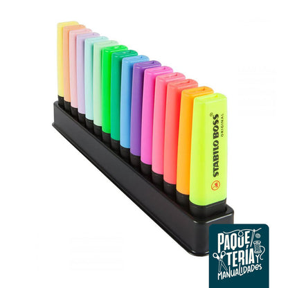 SET DESTACADORES STABILO BOSS ORIGINAL NEÓN PASTEL - 15 UNIDADES + BASE ESCRITORIO
