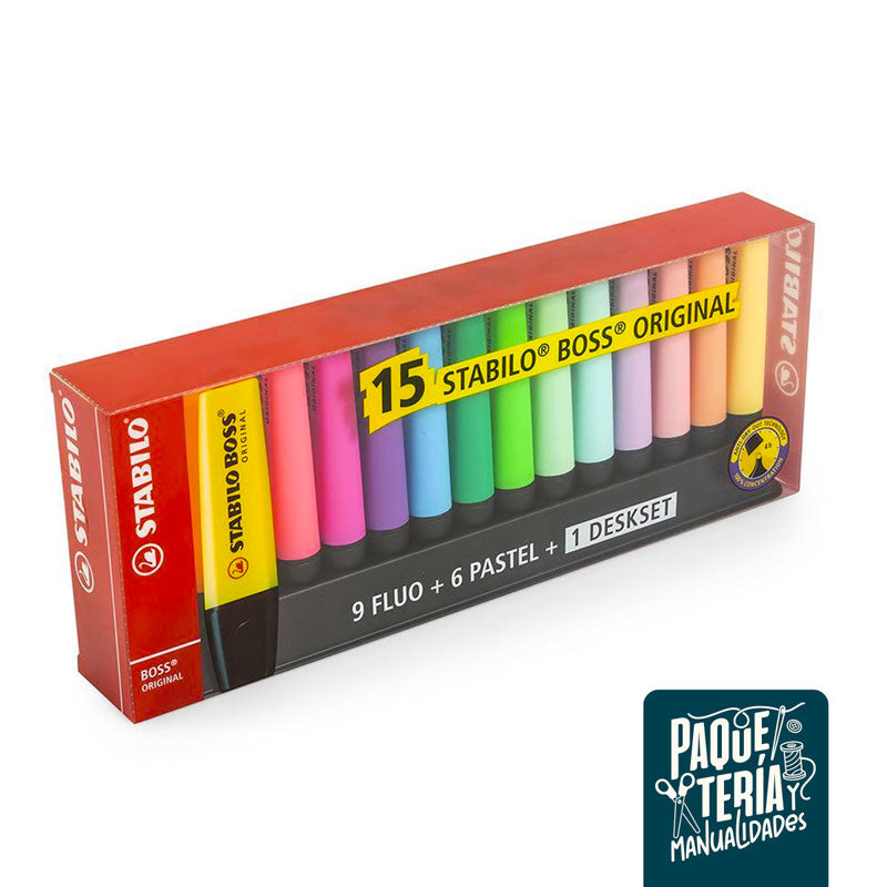 SET DESTACADORES STABILO BOSS ORIGINAL NEÓN PASTEL - 15 UNIDADES + BASE ESCRITORIO