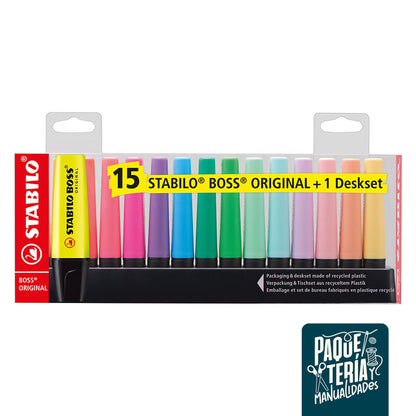 SET DESTACADORES STABILO BOSS ORIGINAL NEÓN PASTEL - 15 UNIDADES + BASE ESCRITORIO