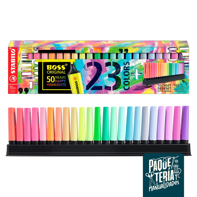 SET DESTACADORES STABILO BOSS ORIGINAL - 23 UNIDADES + BASE ESCRITORIO