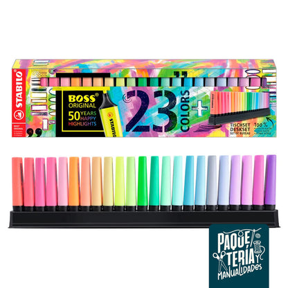 SET DESTACADORES STABILO BOSS ORIGINAL - 23 UNIDADES + BASE ESCRITORIO